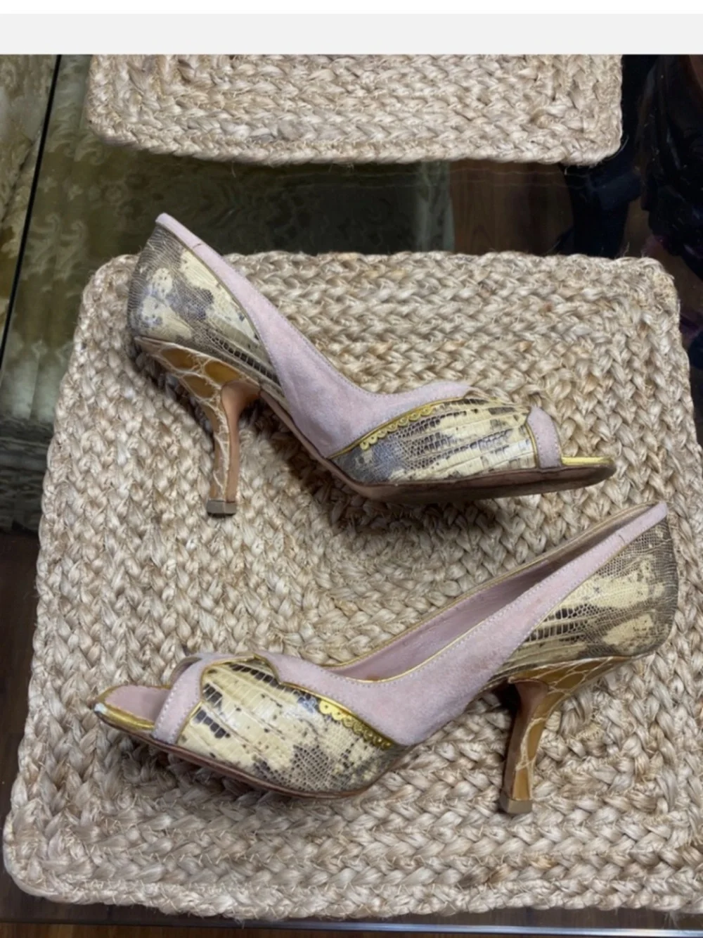 Prada alligator/ lizard gold pale pink peep toe heels Size 8 /38